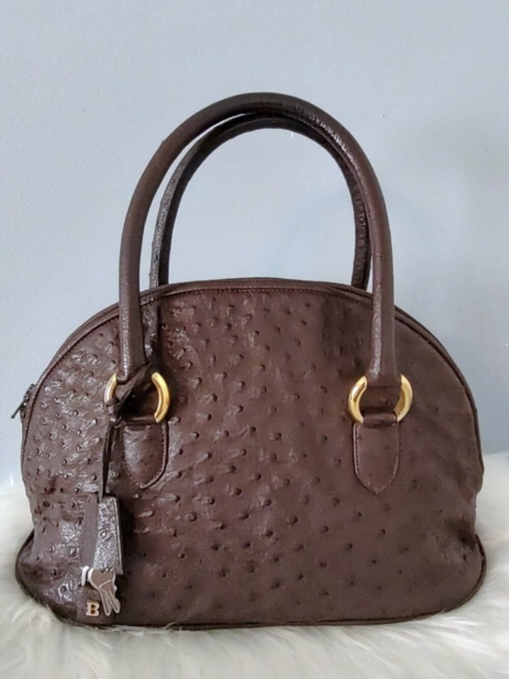 Bally vintage ostrich emb leather dome bowling bag satchel w/lock keys EUC